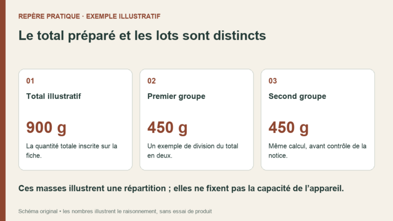 Exemple de répartition de neuf cents grammes en deux lots de quatre cent cinquante grammes, à vérifier selon la notice de l’appareil.