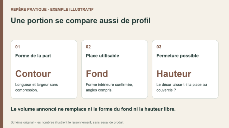 Schéma original pour un gabarit : dessiner le contour de la part, le comparer au fond intérieur puis examiner la hauteur libre sous le couvercle.