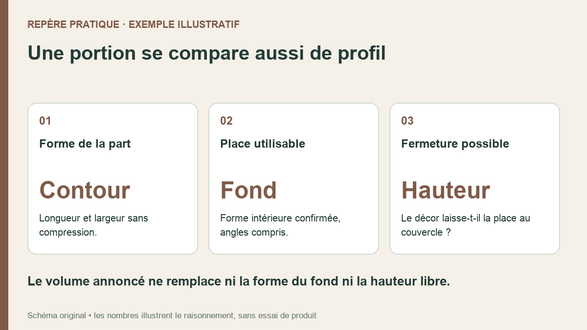 Schéma original pour un gabarit : dessiner le contour de la part, le comparer au fond intérieur puis examiner la hauteur libre sous le couvercle.