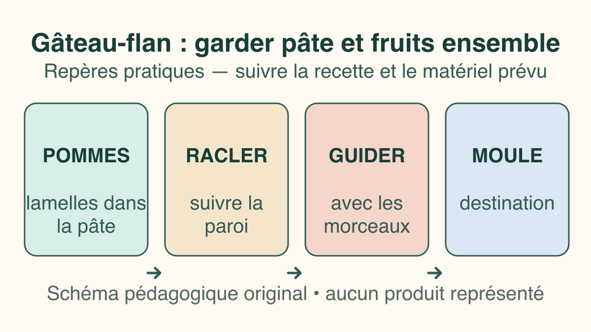 Schéma du saladier contenant pâte et lamelles de pommes, avec un trajet doux vers le moule préparé.
