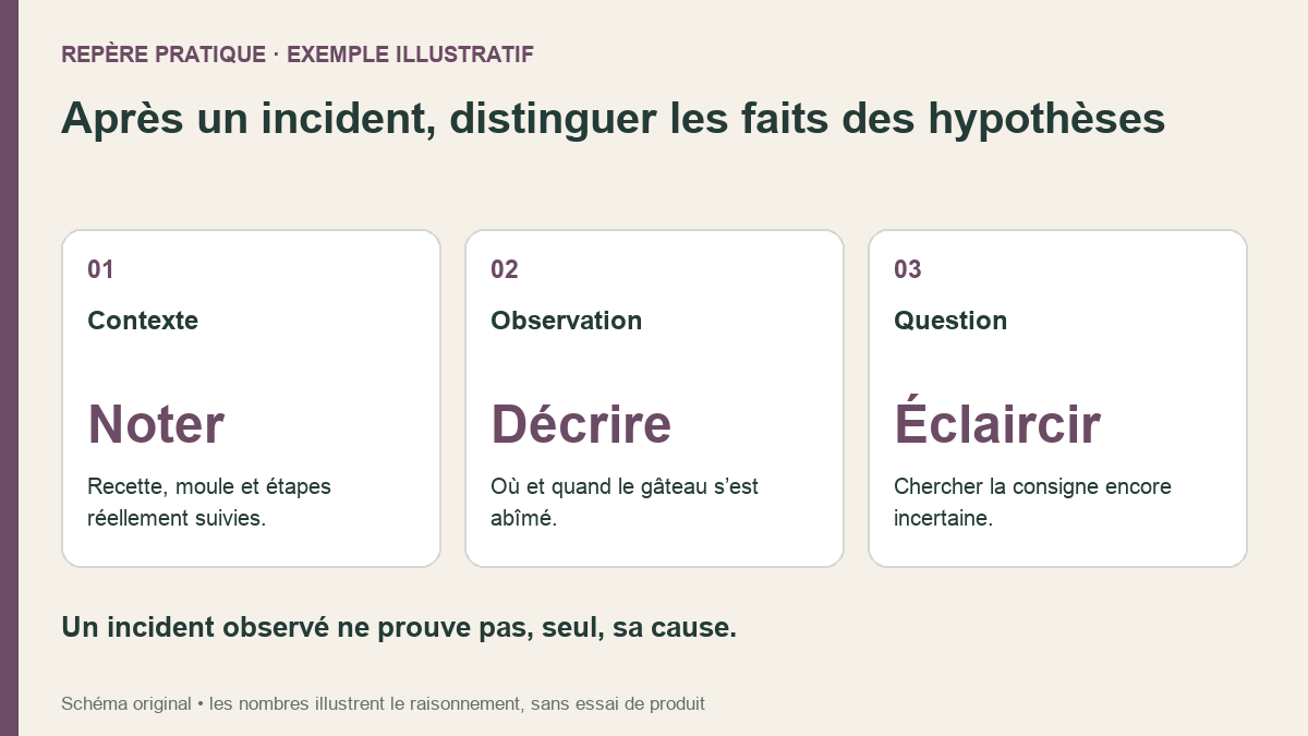 Après un incident, distinguer les faits des hypothèses. Contexte : Recette, moule et étapes réellement suivies. ; Observation : Où et quand le gâteau s’est abîmé. ; Question : Chercher la consigne encore incertaine.