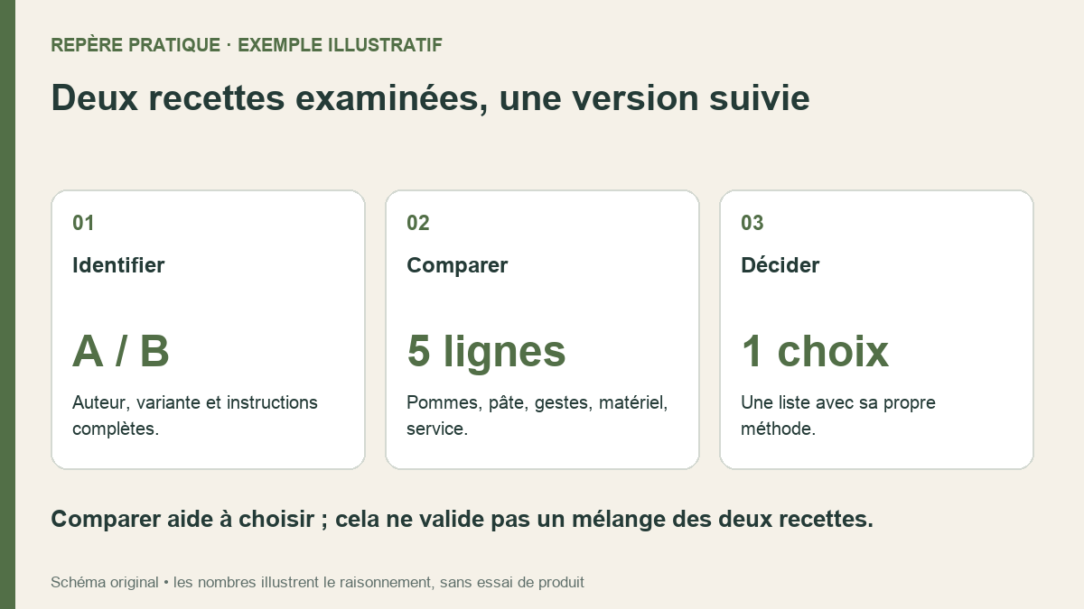 Schéma original en trois étapes : identifier deux recettes, comparer cinq aspects pratiques puis choisir une version complète.